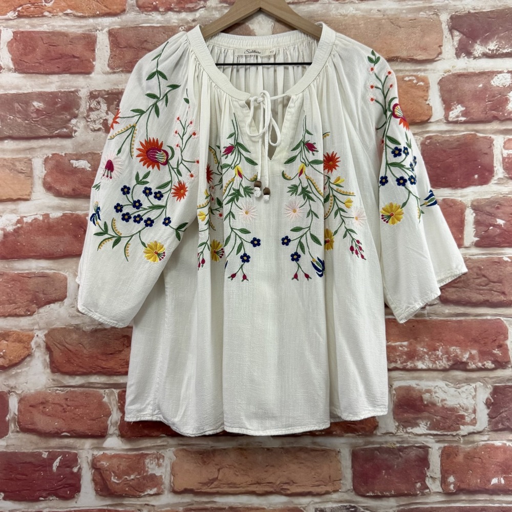 Anthropologie Solitaire Top Women's 2X Multicolor Boho Floral Embroidered Shirt